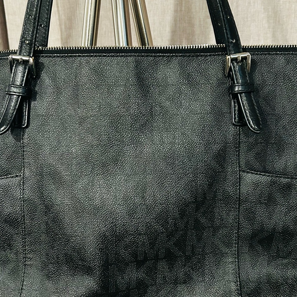 Michael Kors Black Tote Bag with MK logo throughout bag. - Picture 3 of 16